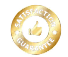 Gold 'Satisfaction Guarantee' badge with a thumbs-up icon on a black background