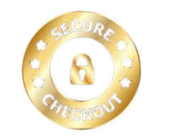 Gold 'Secure Checkout' badge with lock symbol on a black background