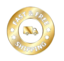 Gold 'Fast & Free Shipping' badge with a truck icon on a black background