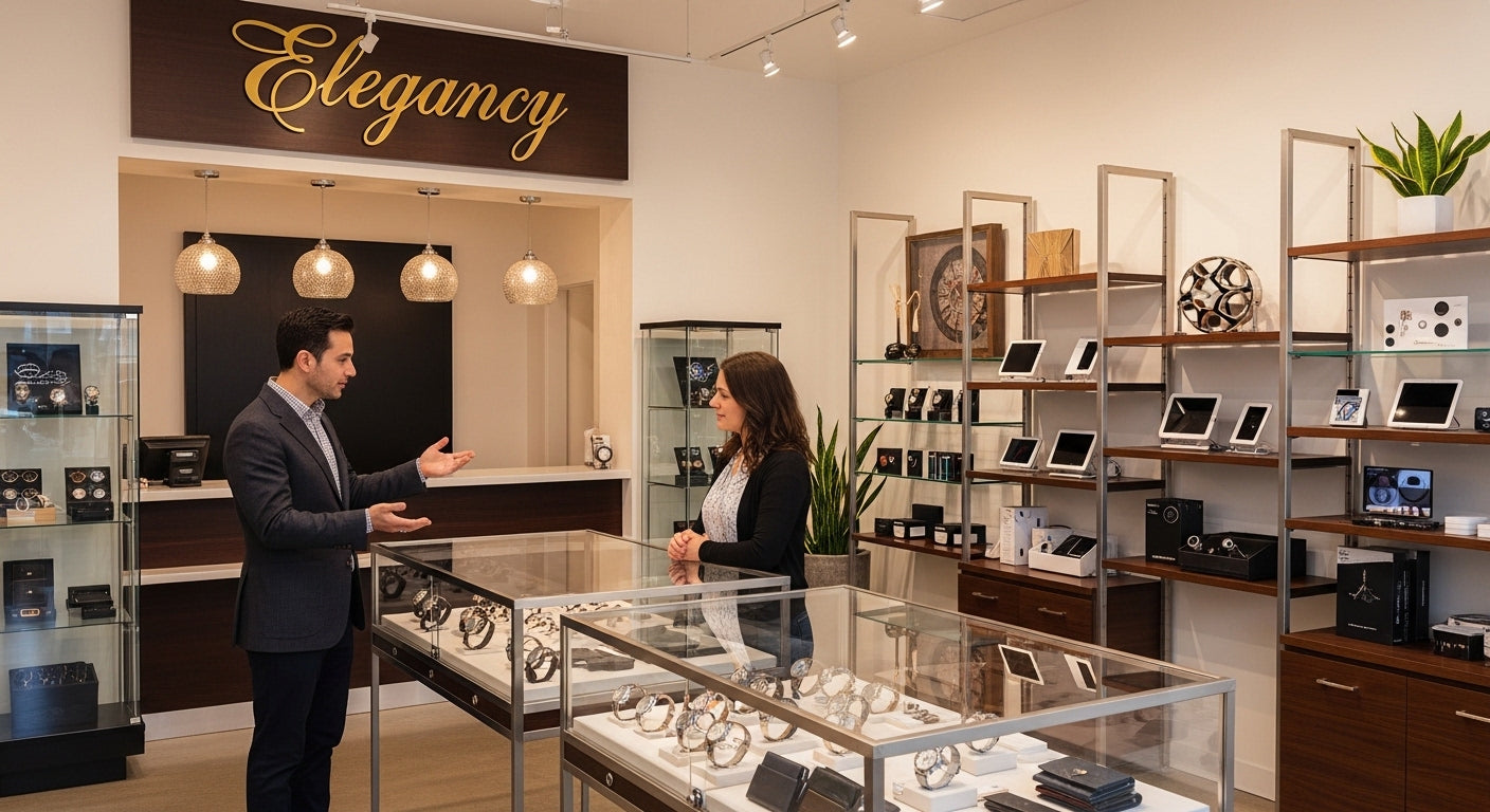 Two people in a jewelry store with 'Elegancy' sign above.