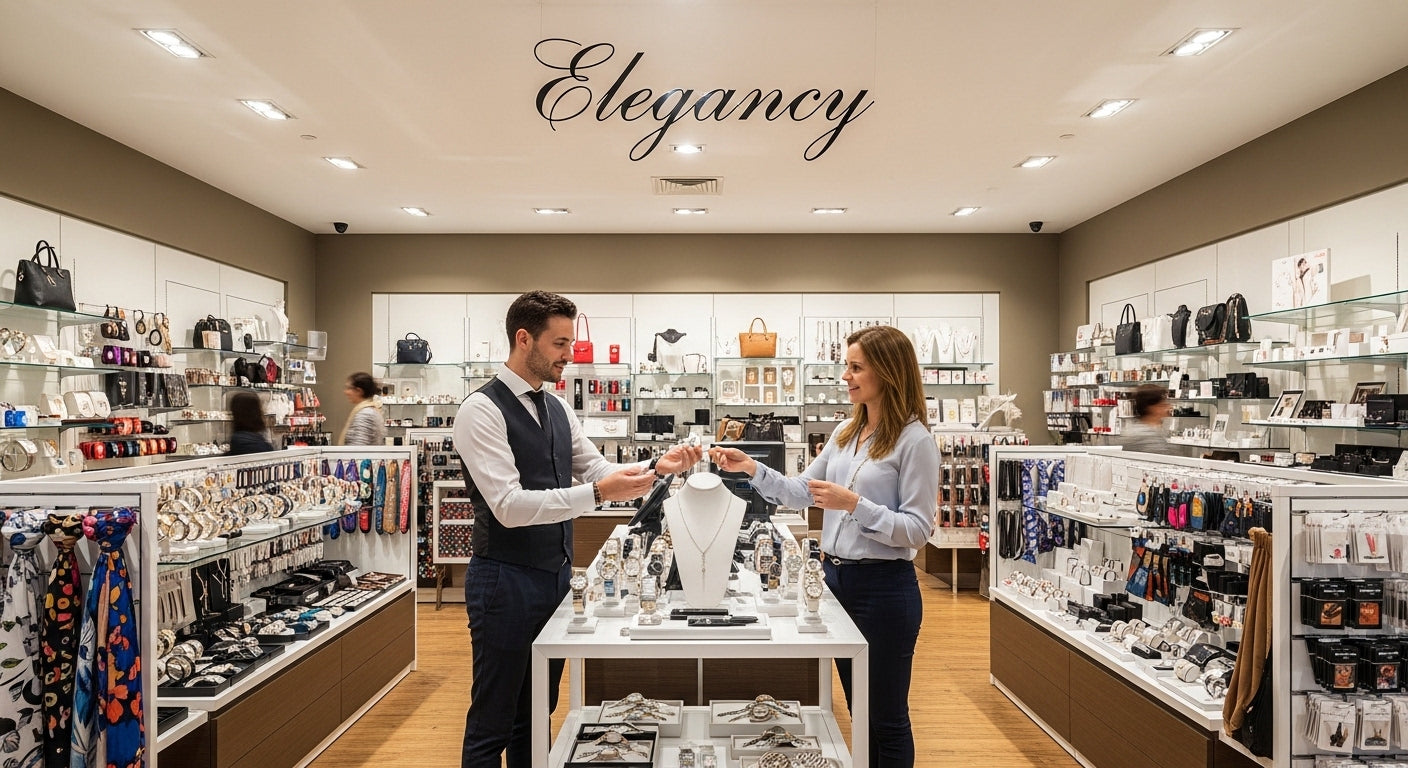 Two people in a store with 'Elegance' text above them