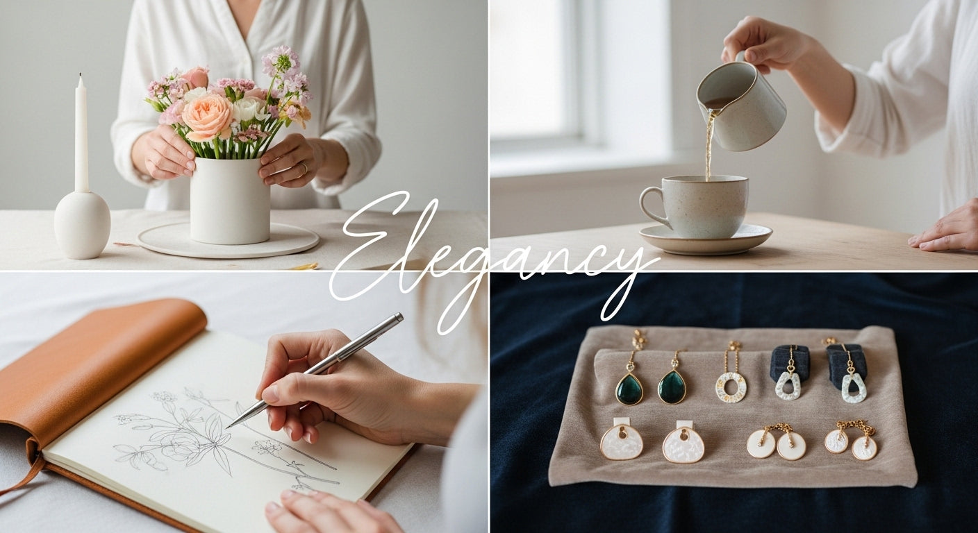 Collage of a woman with flowers, pouring tea, writing in a journal, and displaying earrings.