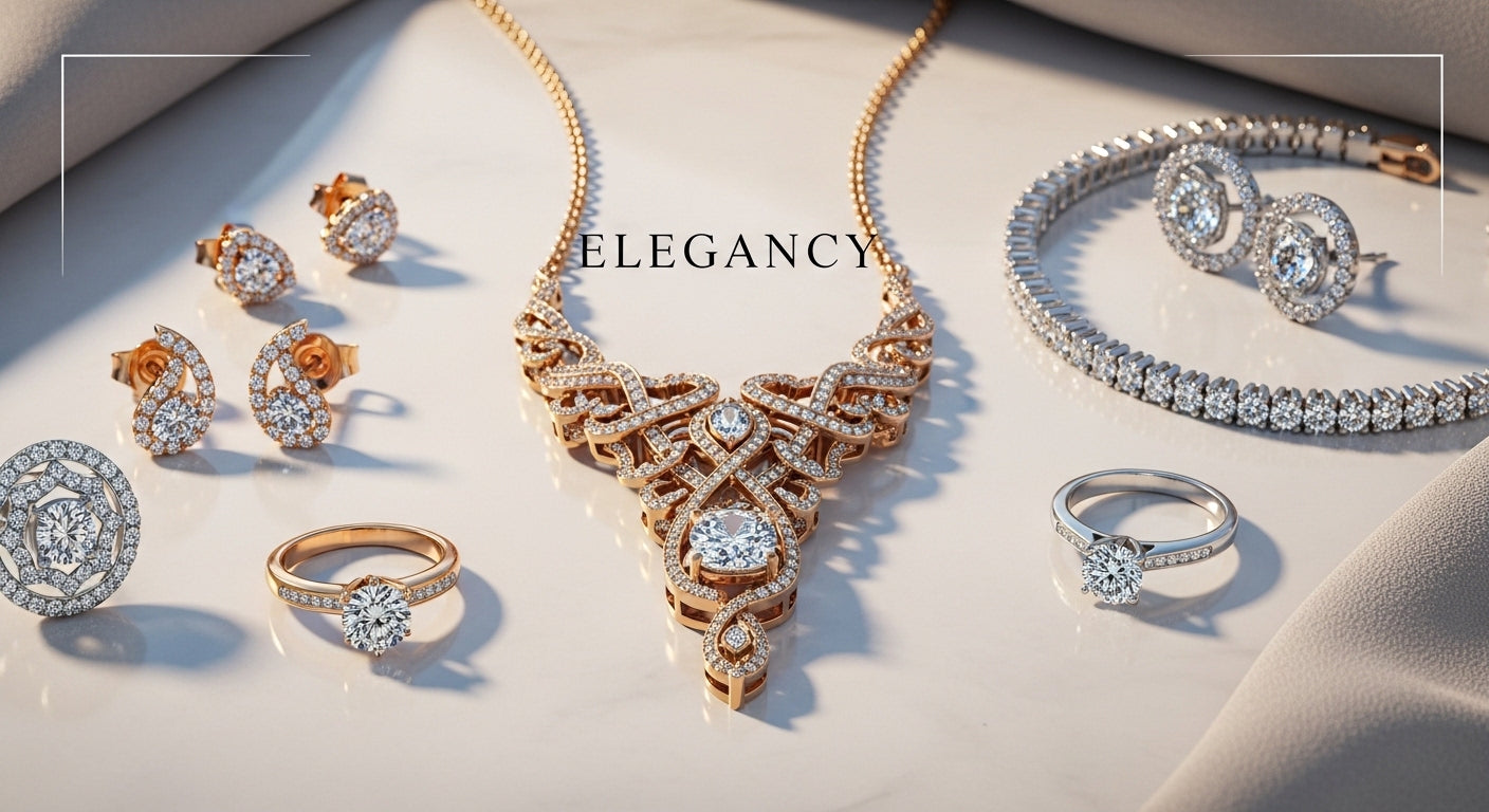 Luxury jewelry set including necklace, earrings, and rings on a light background with 'Elegance' text.