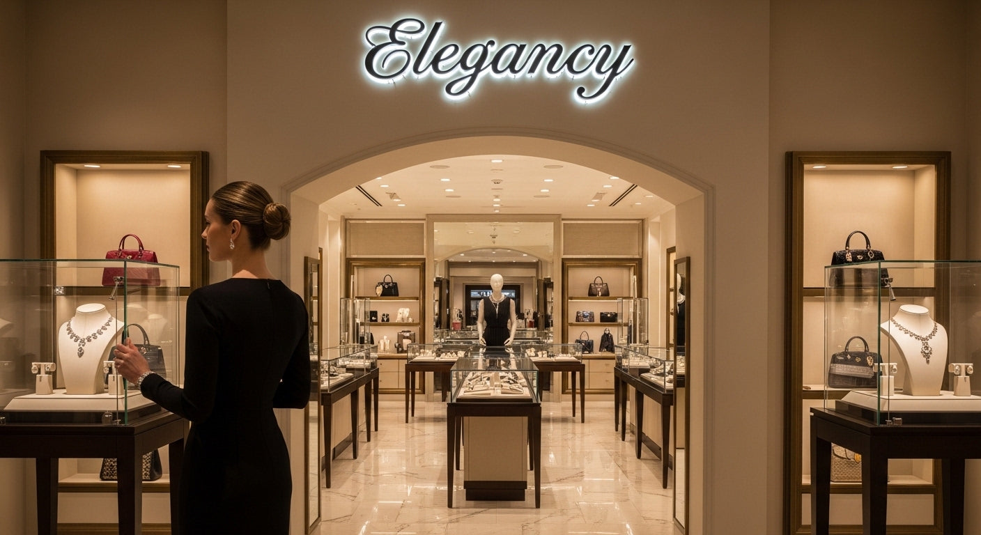 Jewelry store interior with 'Elegancy' sign and woman examining jewelry.