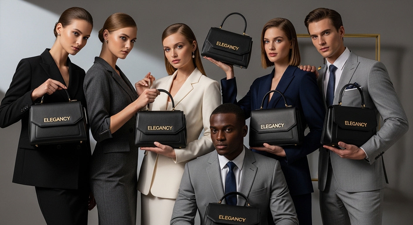 Group of people holding black handbags with 'Elegance' branding against a neutral background