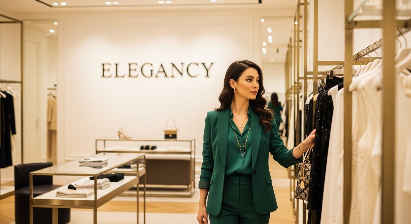 Woman in a green outfit standing in a store with 'Elegancy' branding.