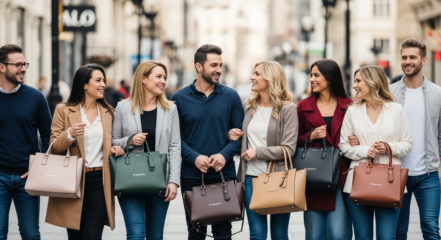 Group of people walking together in a city street, each holding a handbag.