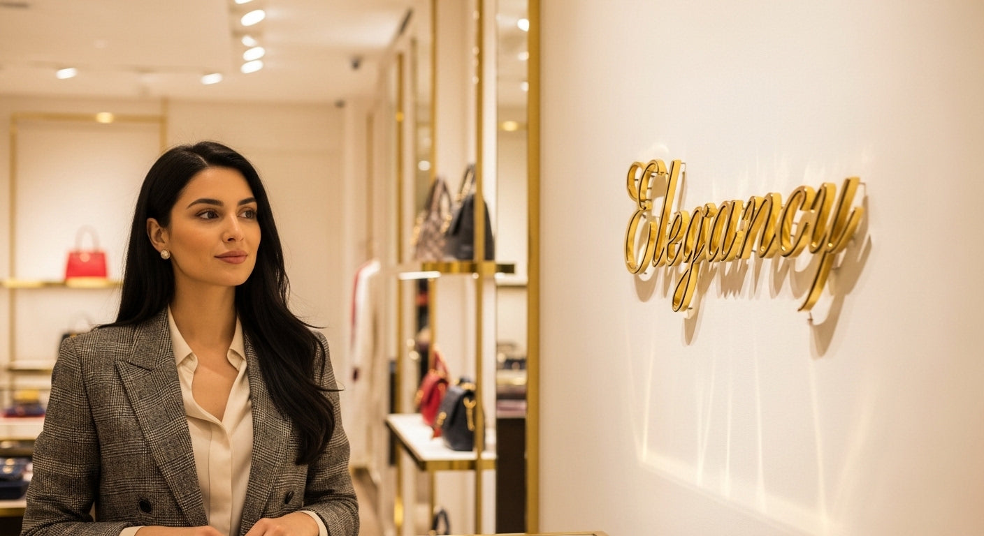Woman standing in a store with a gold 'Elegance' sign on the wall.