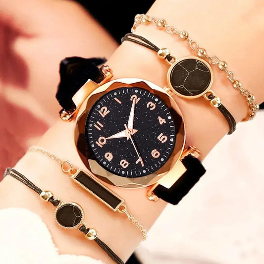 Set of analog watches for women, new simple and casual wristwatch, black bracelet without box, fashion for women, 5 pieces