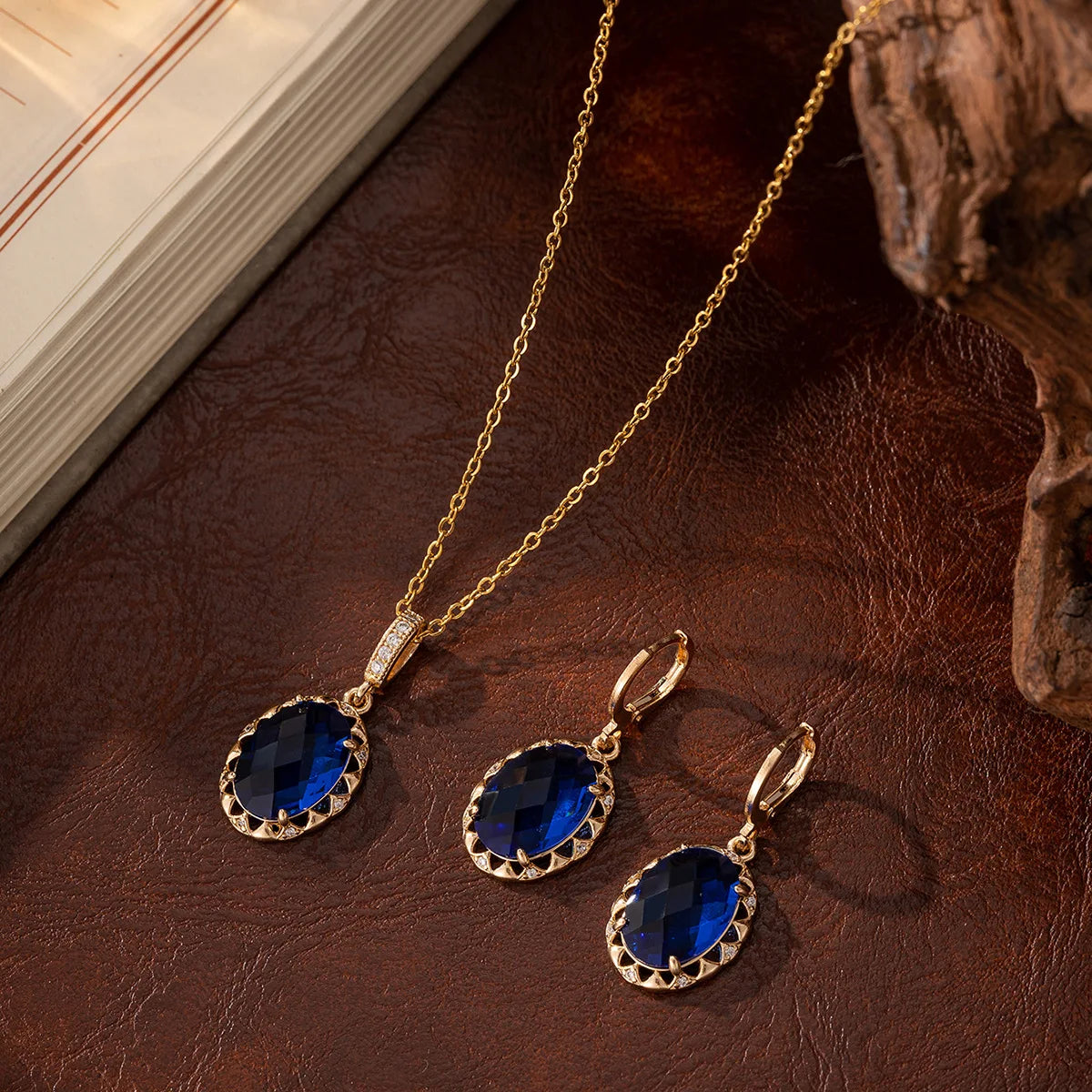Gold Plated Copper Jewelry Set with Blue Zirconia – Luxury Necklace & Earrings for Women, Elegant Metal Accents