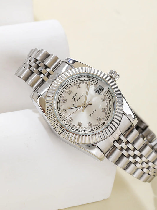A women's quartz wristwatch with a textured bezel design and diamond studded dial decoration, equipped with date display functio