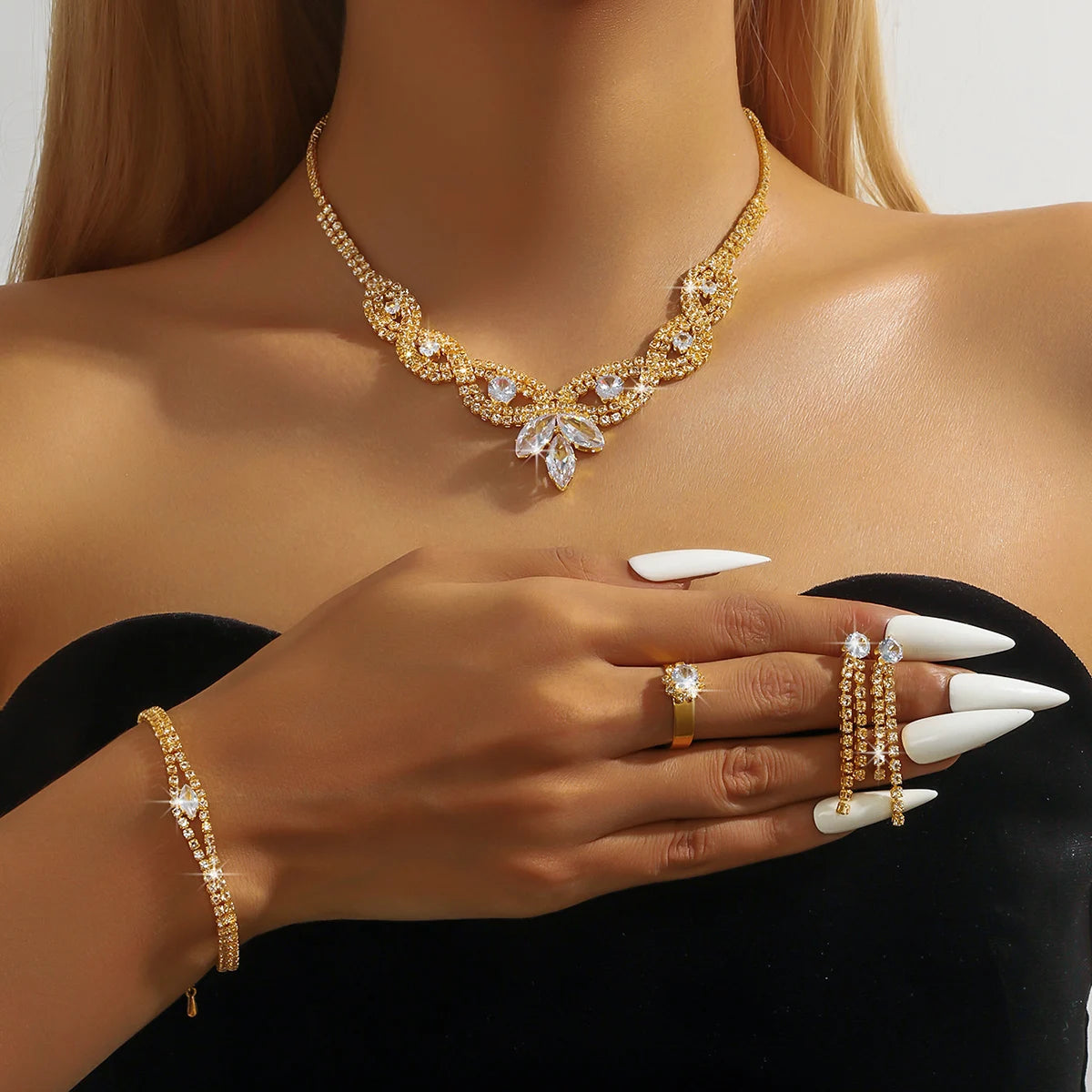 Jewelry wholesale fashion new necklace earrings bracelet ring set shiny bride jewelry two-piece set with accessories