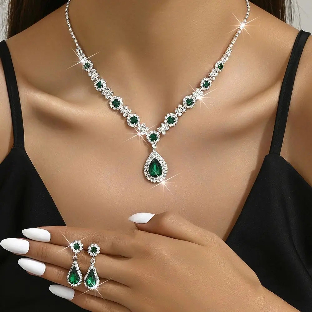 Fashionable Crystal Jewelry Necklace Earring Set Luxury Water Drop Dangle Earrings Premium Inlaid Zircon Wedding Jewelry Set