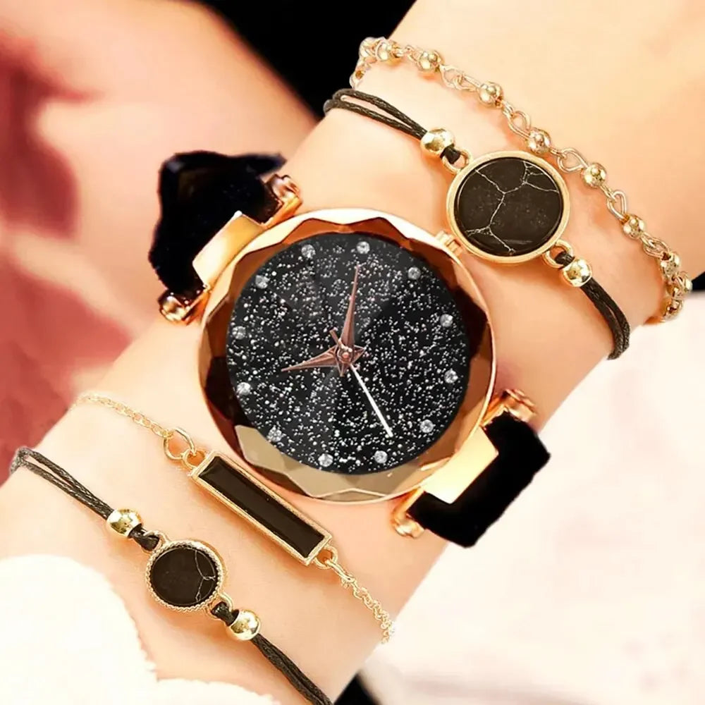 Set of analog watches for women, new simple and casual wristwatch, black bracelet without box, fashion for women, 5 pieces