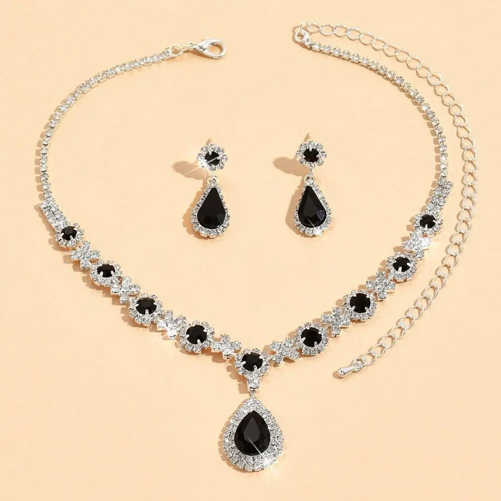Fashionable Crystal Jewelry Necklace Earring Set Luxury Water Drop Dangle Earrings Premium Inlaid Zircon Wedding Jewelry Set