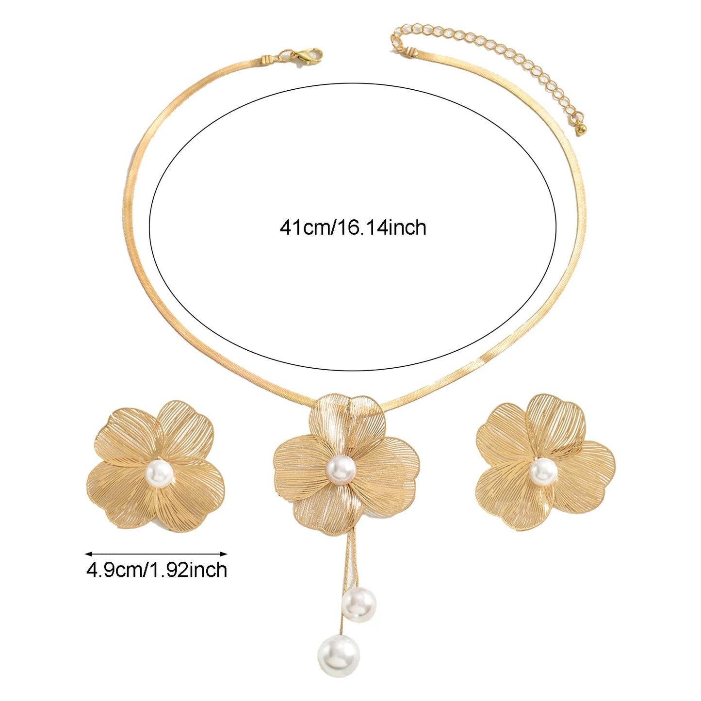 Necklace Earrings Set Elegant Gold Color Flowers Pendant Ladies High-end Inlaid Pearl Clavicle Jewelry Set Decoration.