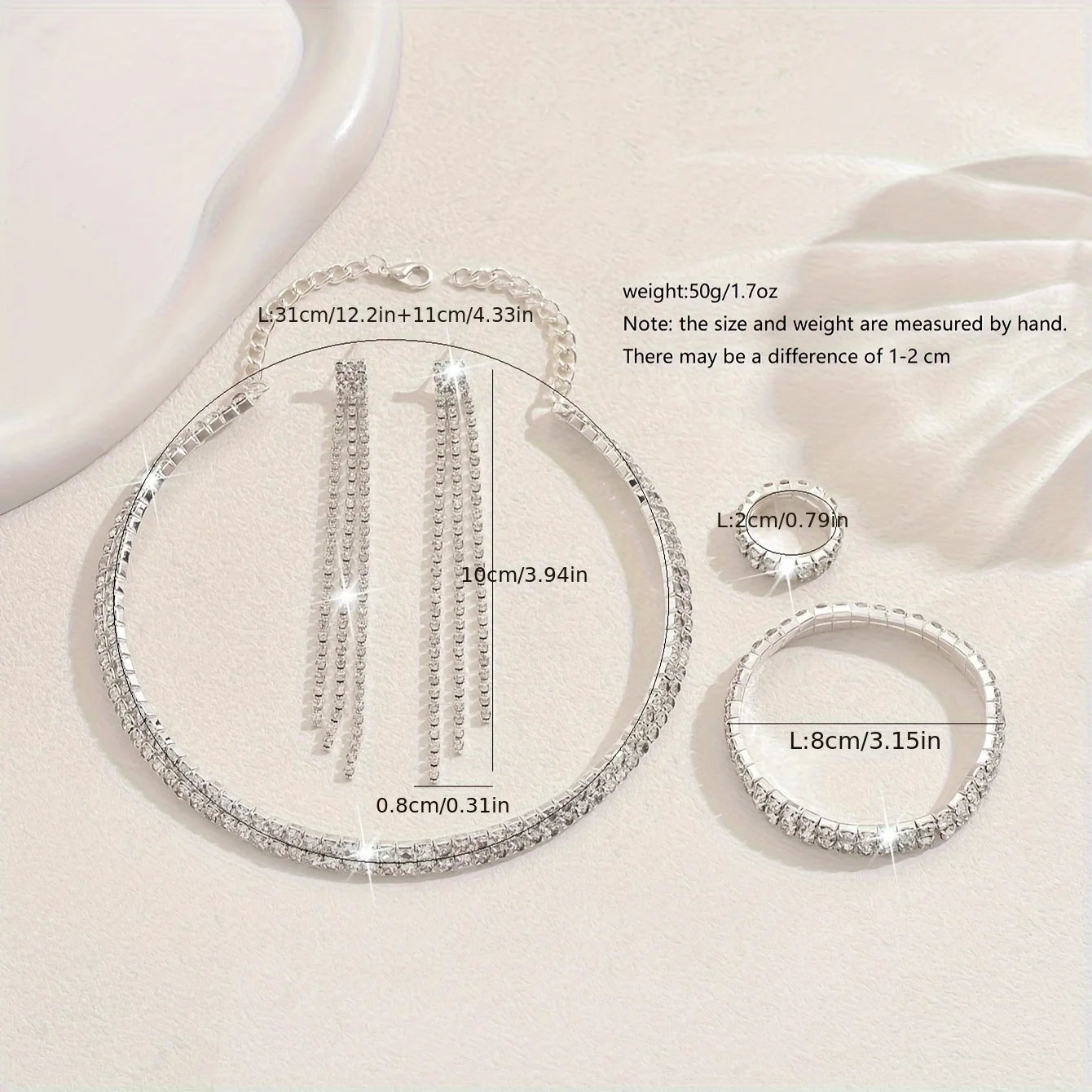 5pcs Luxurious Rhinestone Jewelry Set for Women,Choker, Earrings, Stretch Bracelet & Ring for Weddings, Banquets & Parties
